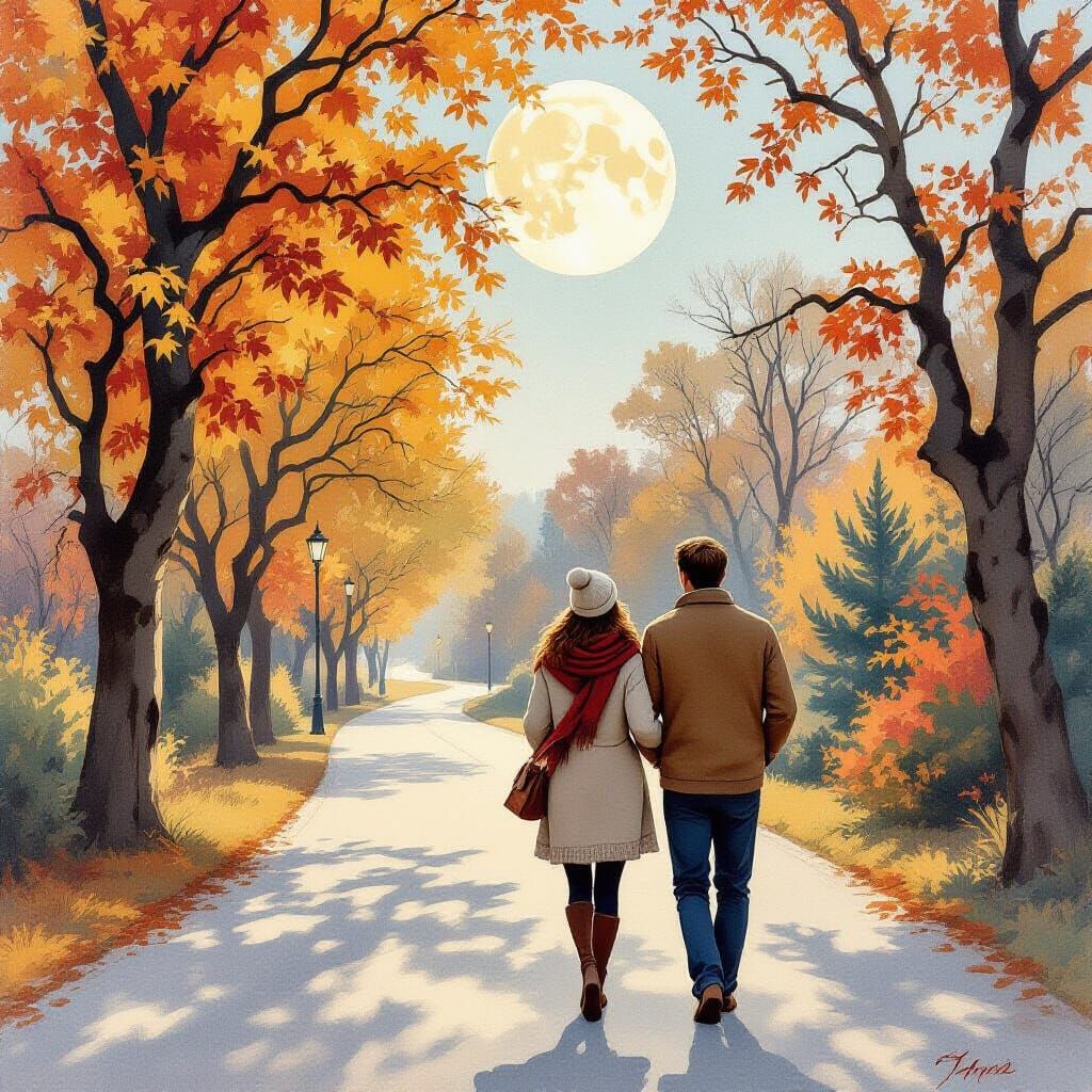 Cozy Couple Stroll Under Autumn Moon, Watercolor Style