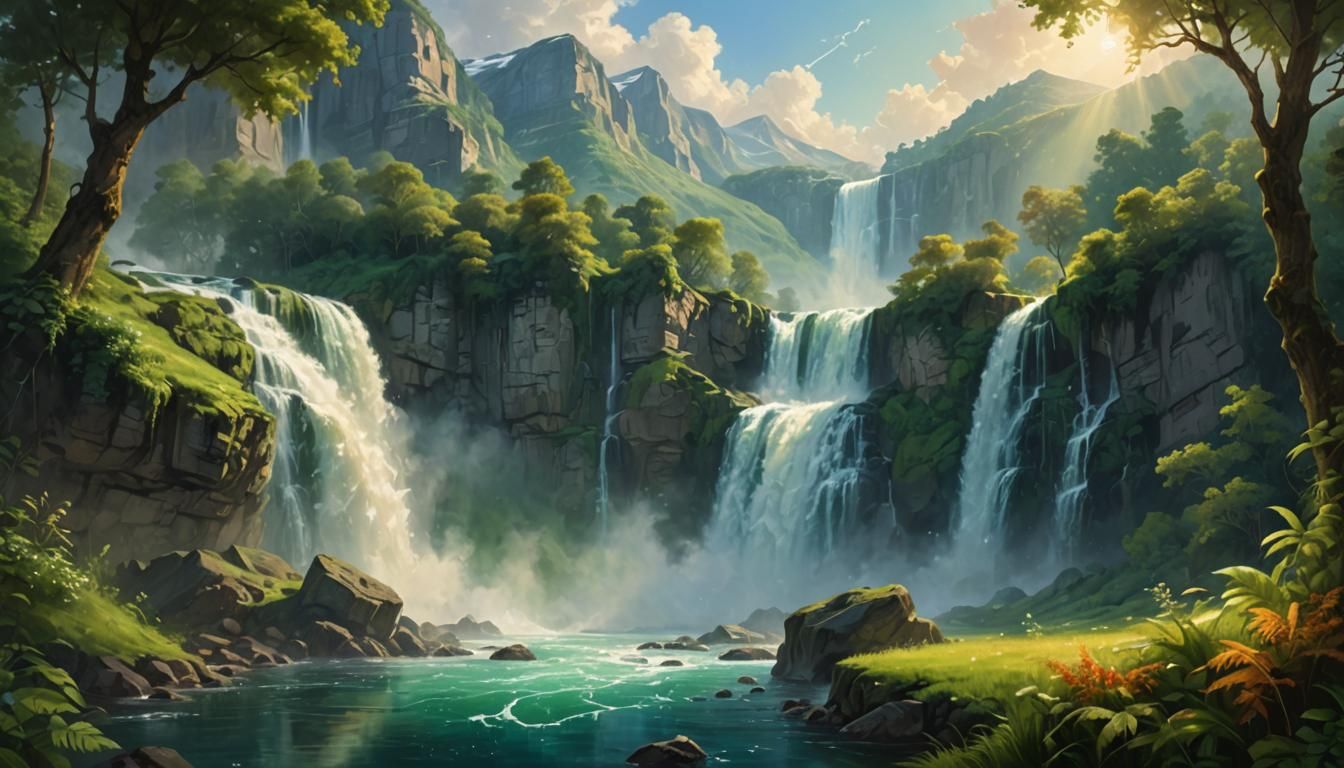 Majestic Waterfall in Dreamy Ethereal Oil Painting Style