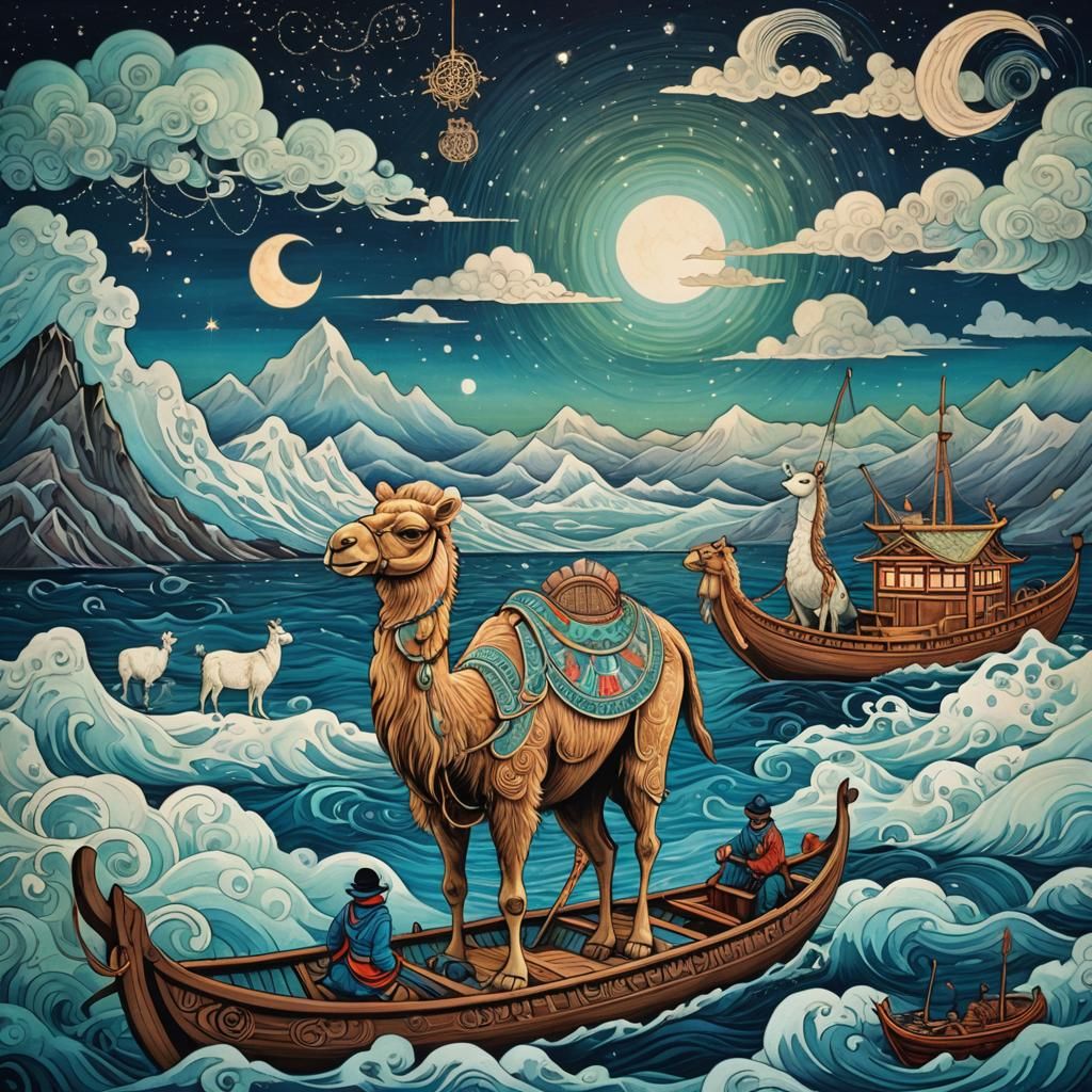 Arctic Camel and Llama in Ukiyo-e Dreamscape