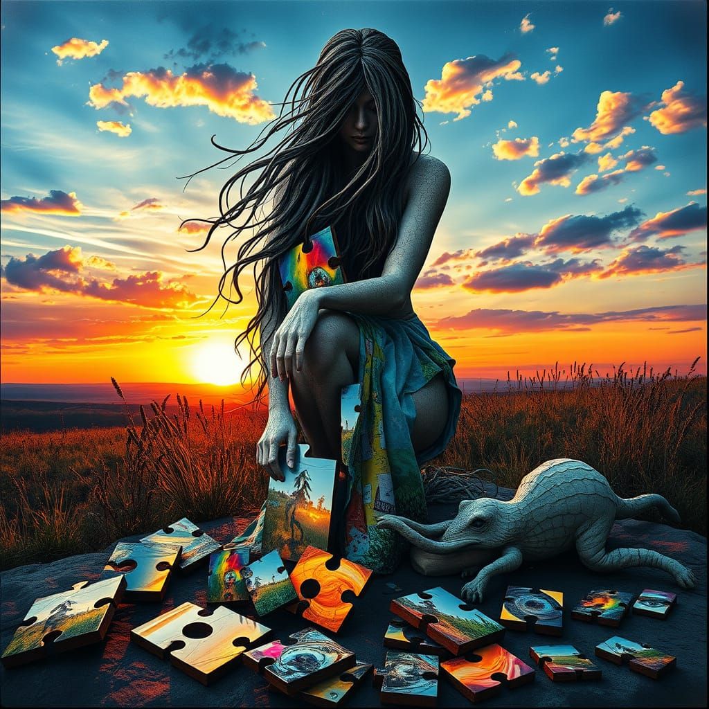 Surreal Fragmented Sculpture of Woman at Sunset