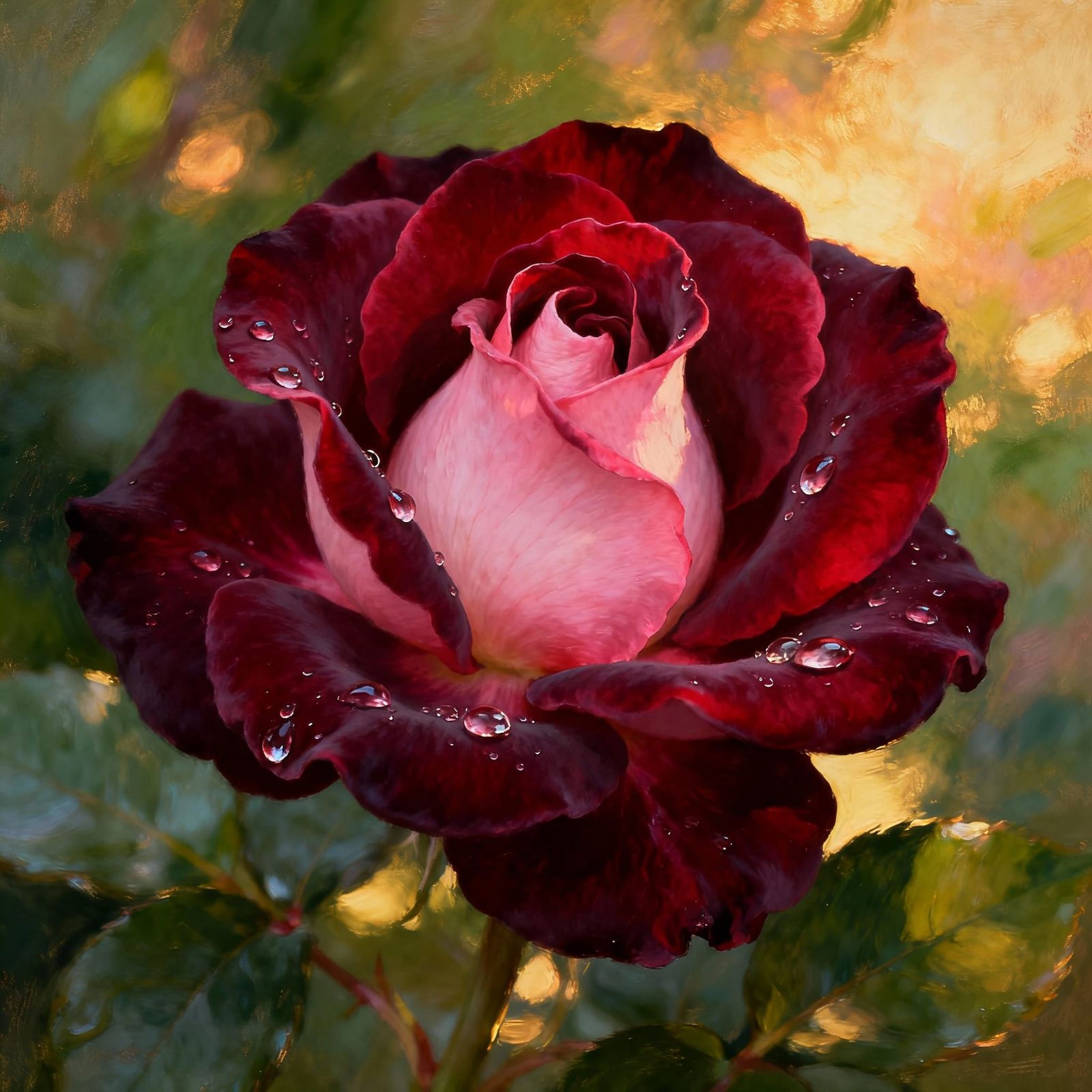 Hyperrealistic Oil Painting of a Crimson and Pink Rose