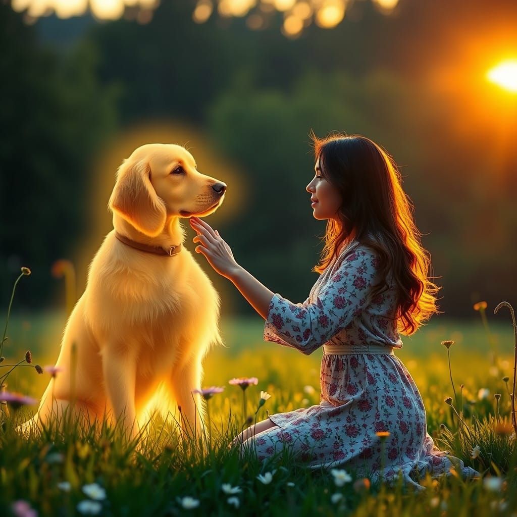 Woman Connects with Beloved Pet in Ethereal Sunset Scene