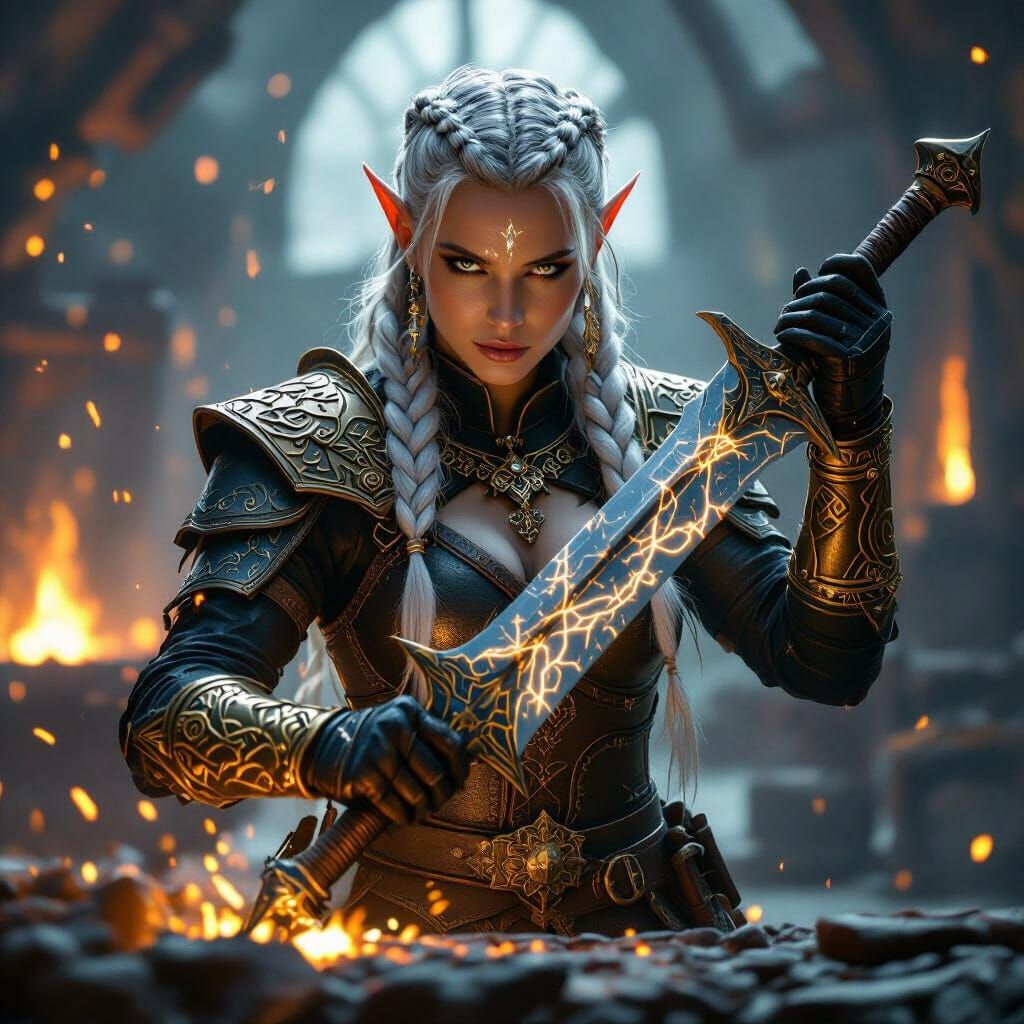 Elven Priestess Forging Runed Sword