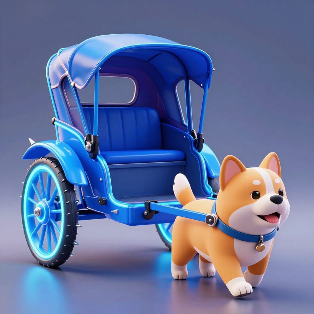 Neon Blue Rickshaw Pulled by Cartoon Dog in 3D Anime Art