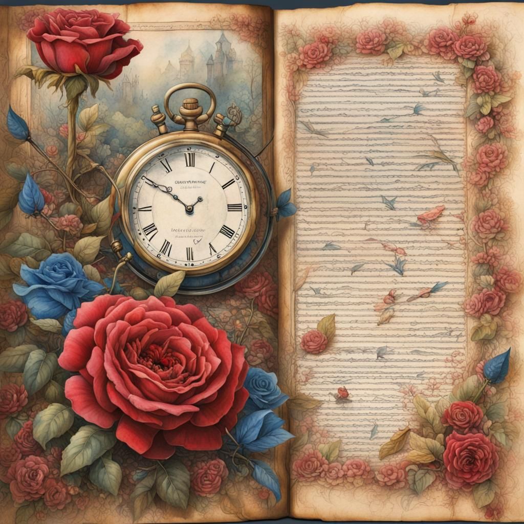 Red and Blue Roses with Antique Watch, Watercolor Style