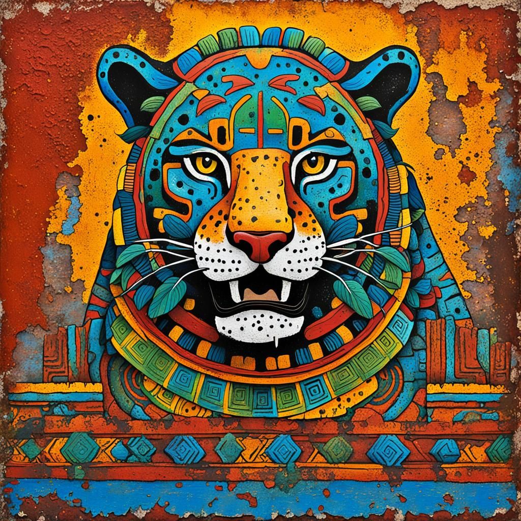 Aztec Jaguar Painting on Rusted Temple Wall