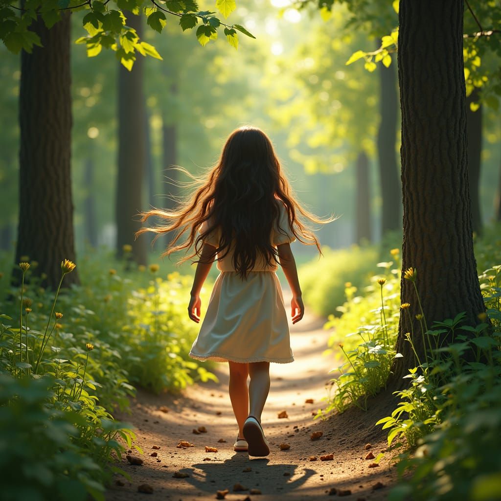 Girl in Windy Forest Path: Hyperrealistic 3D Render