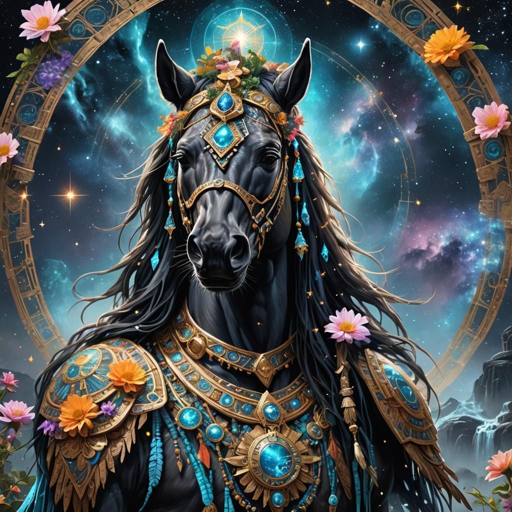 Bioluminescent Shaman Horse Portrait in Space