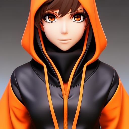 Anime Gamer Girl with Orange Hoodie, 3D Render