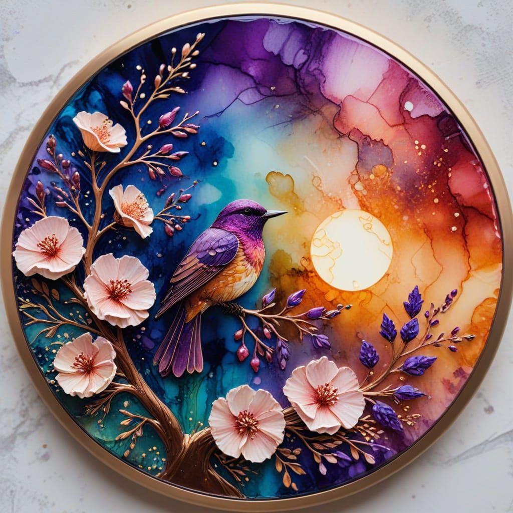 Alcohol Ink Art: Clouds, Flowers, and Bird in Gold Frame