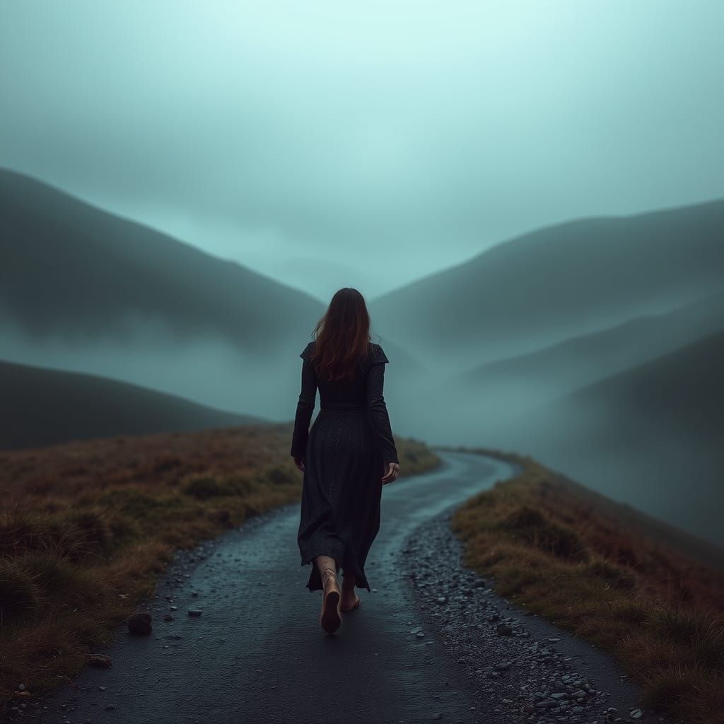 Mystical Woman Walks Misty Hills: Cinematic Digital Art