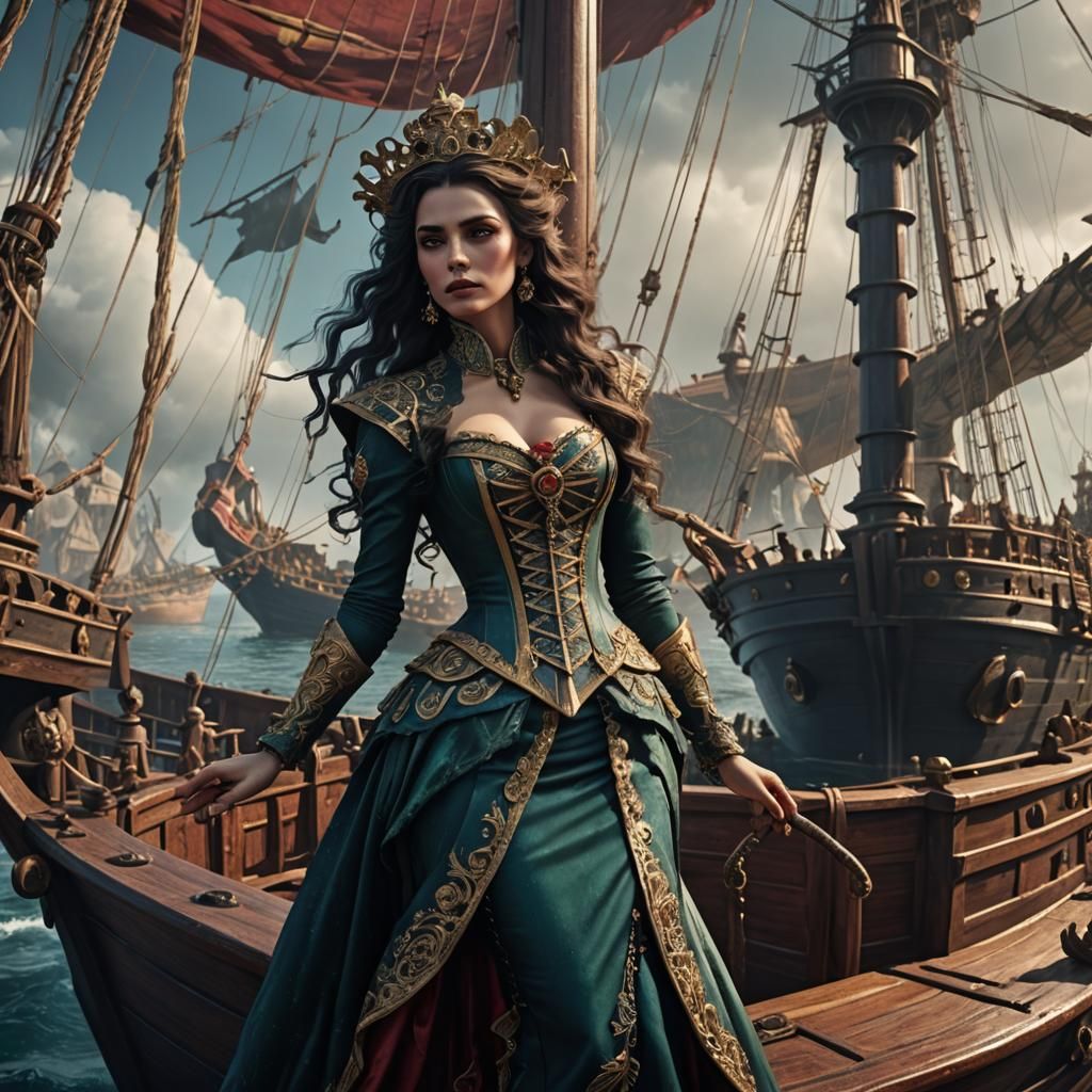 Mermaid Vampire Queen on Spanish Ship: Detailed Matte Painti...