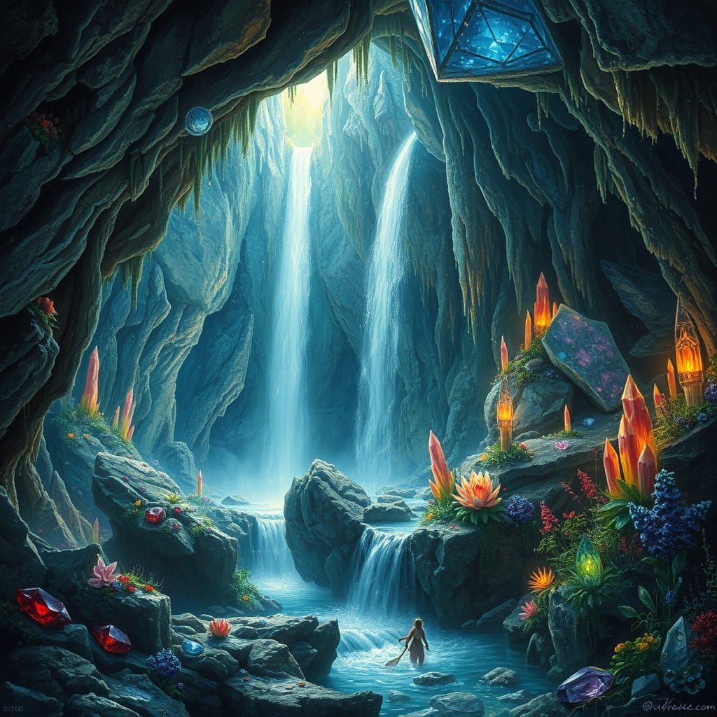 Ethereal Waterfall in Crystalline Cave: Hyperrealistic Fanta...