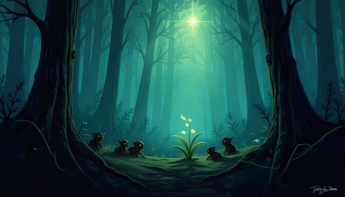 Enchanted Flower in Dark Forest with Celestial Light