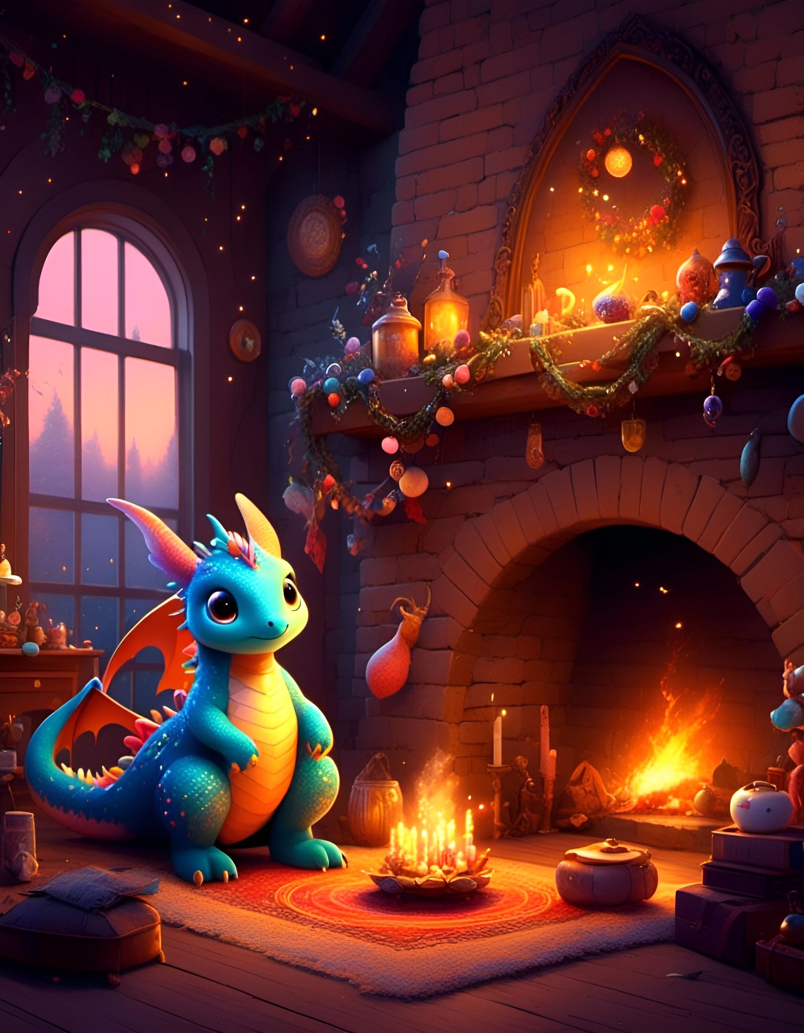 Cute Whelp Dragon Beside Fireplace in Digital Art
