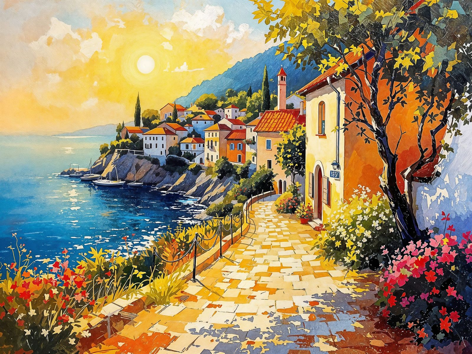 Croatian Village on the Adriatic Coast in Impressionist Styl...