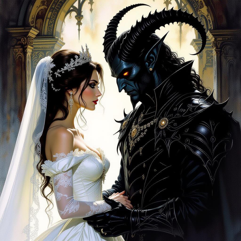 Noblewoman and Demon General Wedding in Fantasy Art Style