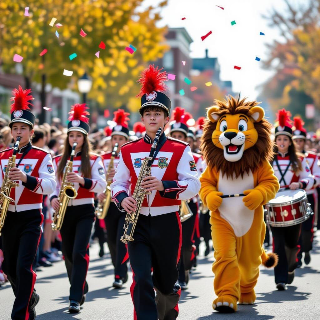 High School Marching Band Parade in Red, White, Black Unifor...