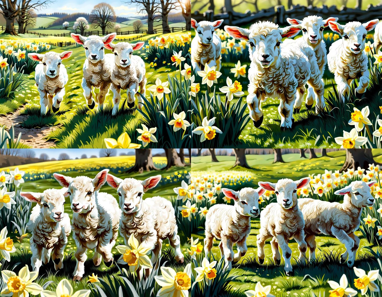 Lambs Frolicking in a Daffodil Meadow