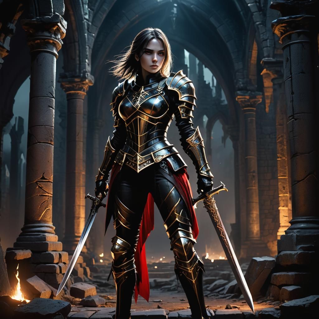 Armored Woman in Gothic Ruins: Dark Fantasy Concept Art