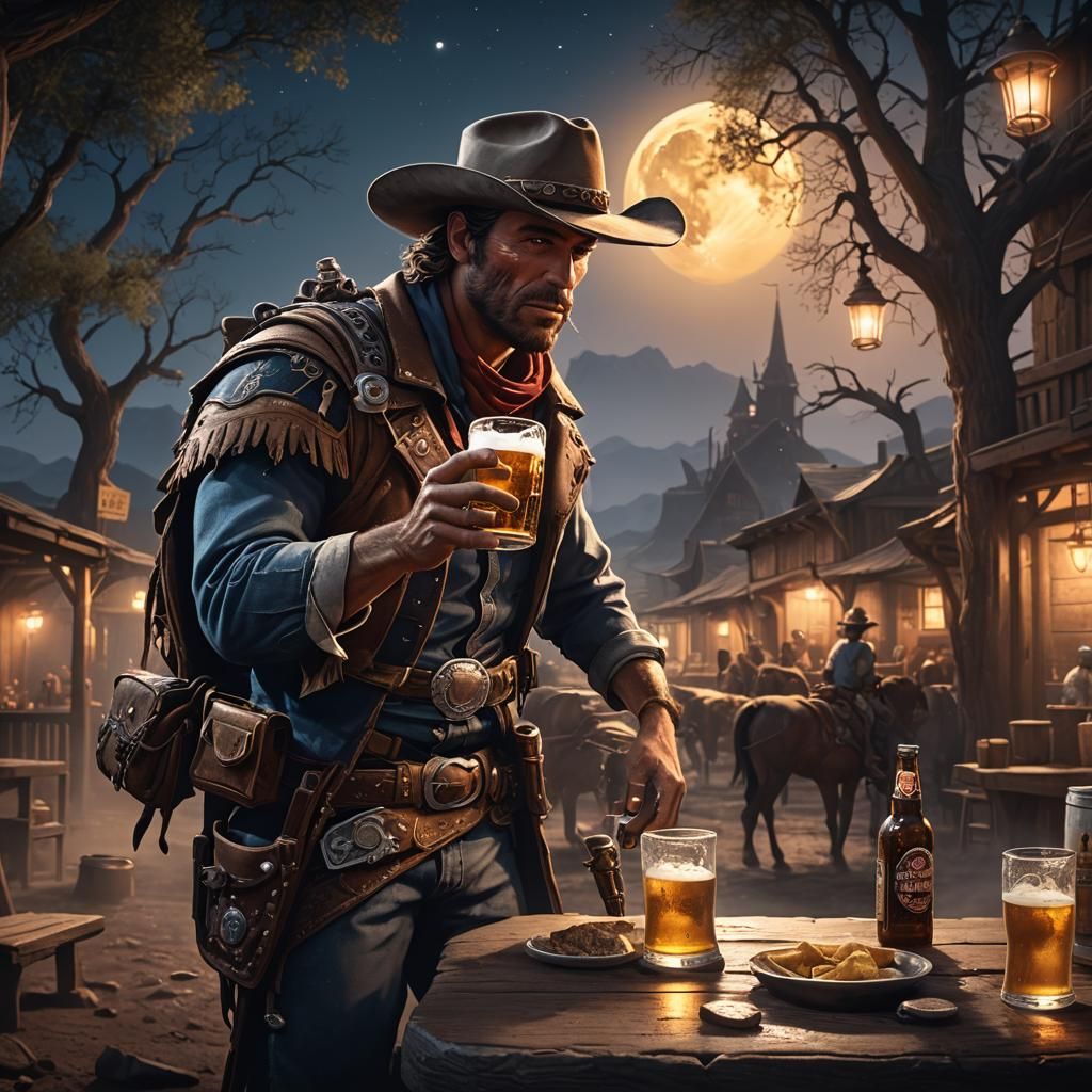 Cowboy Drinks Beer in Moonlight: Detailed Matte Painting