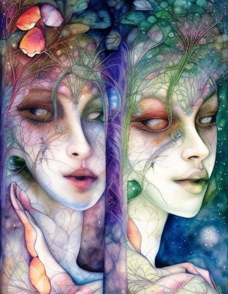 Dragonfly-Human Hybrid in Mycelium Network: Watercolor Art