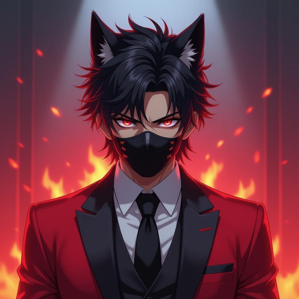 Anime Villain with Wolf Ears and Fiery Background