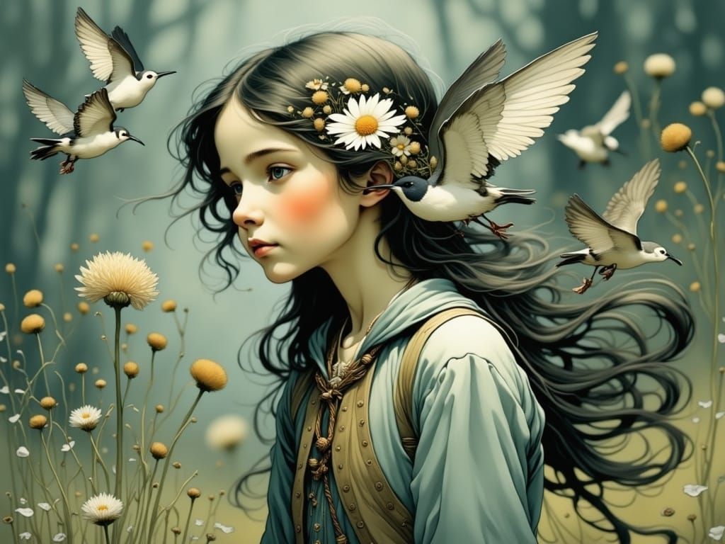 Surreal Landscape with Woman and Starlings in Folk-Art Style