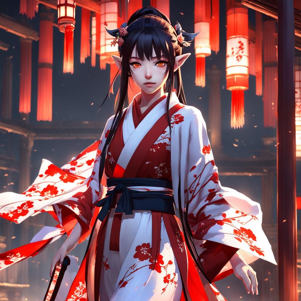 Japanese Elf Girl in Kimono: 3D Anime Art