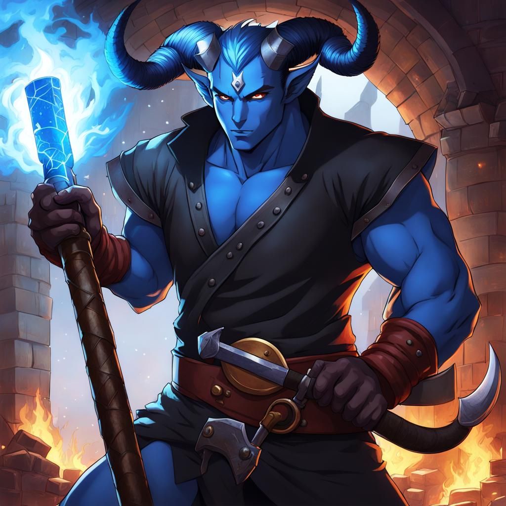 Blue Tiefling Blacksmith with Hammer in Anime Style