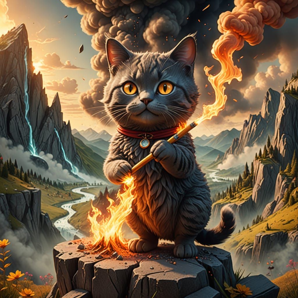 Burning Pencil Transforms into Magician Cat in Surreal Fanta...