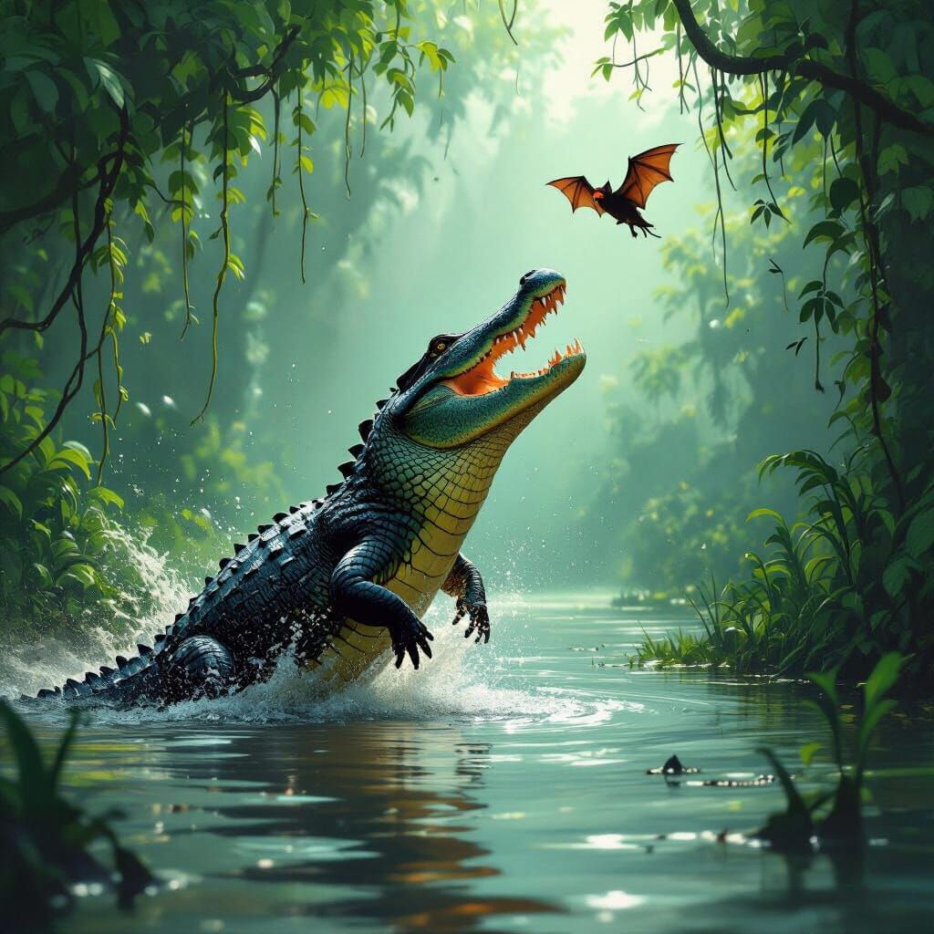 Alligator Leaps for Bat in Amazon Jungle