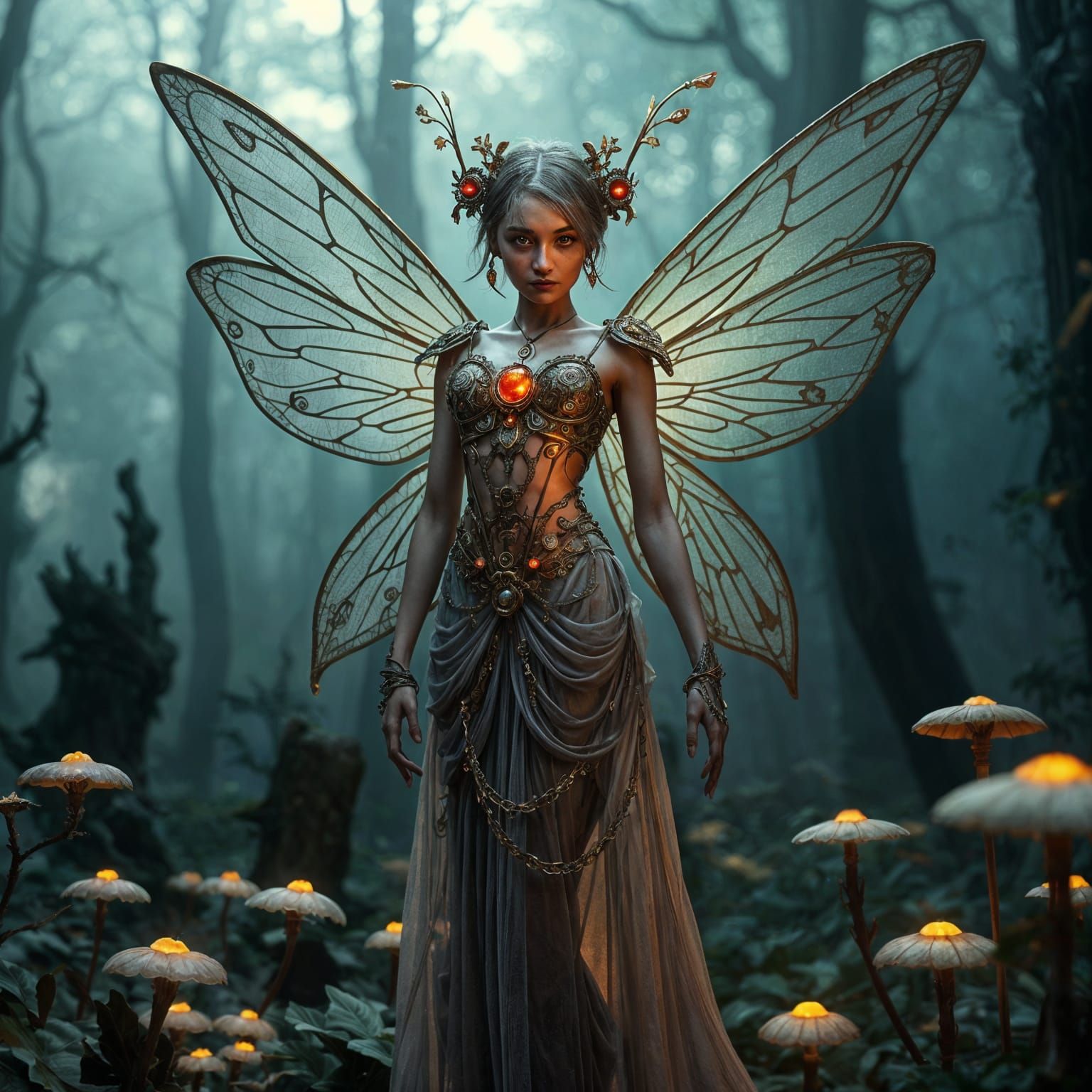 Steampunk Fairy with Ruby Eyes in Misty Forest