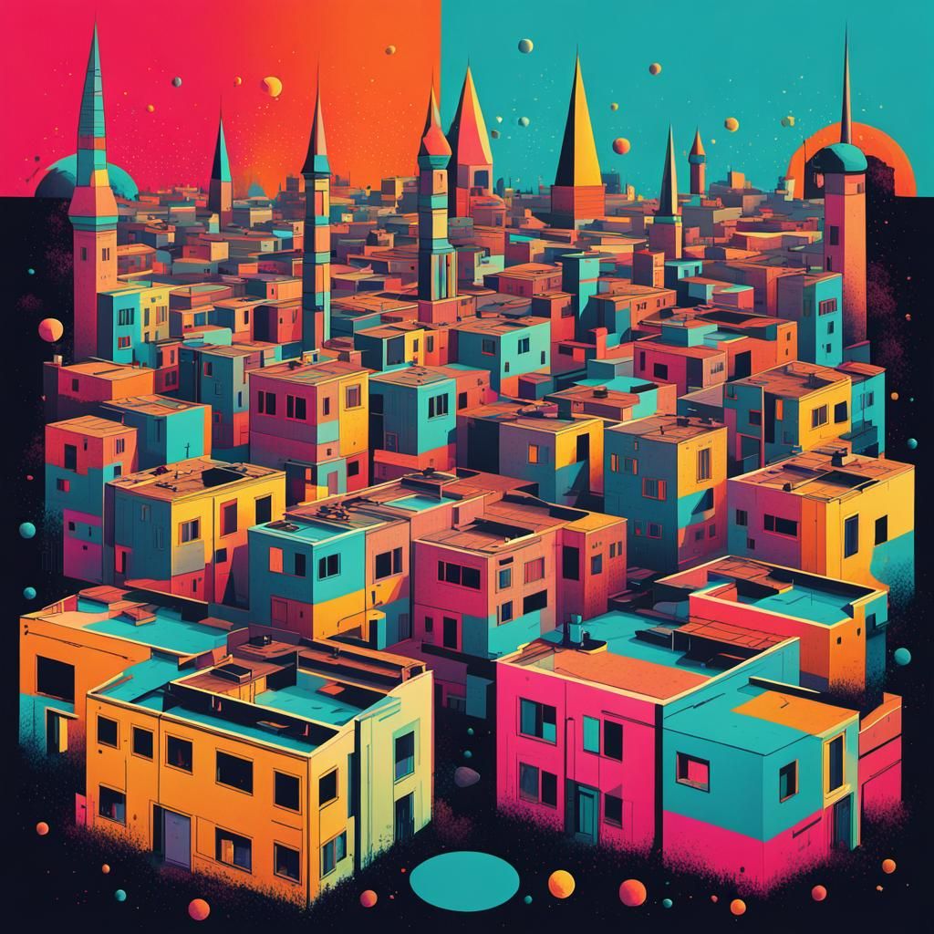 Surreal Town in Cosmic Colors: Pop Art Print