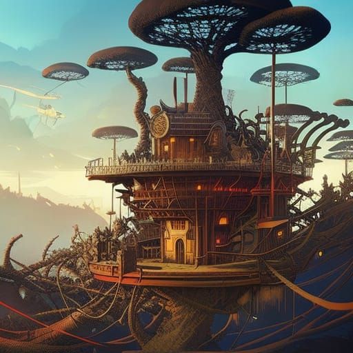 Steampunk Treehouse with Flying Dragons and Lights