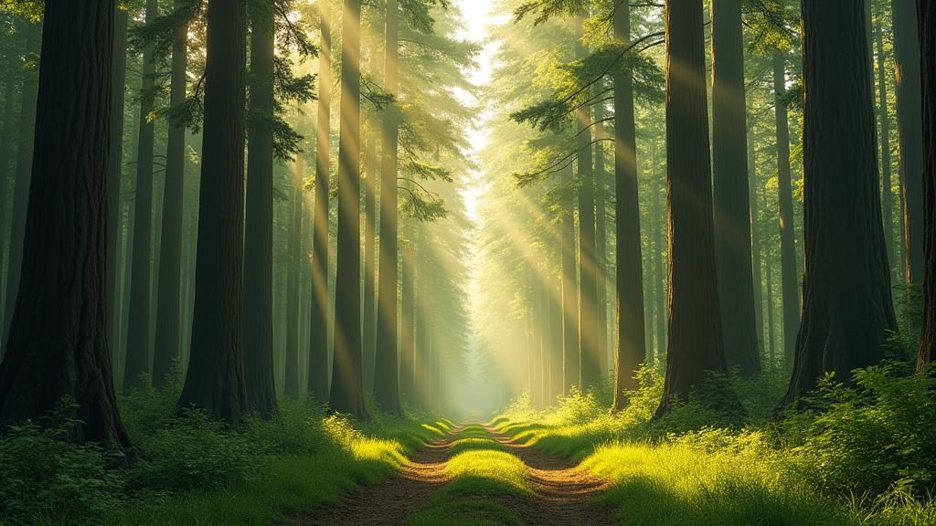 Giant Prehistoric Pine Forest in Golden Sunlight