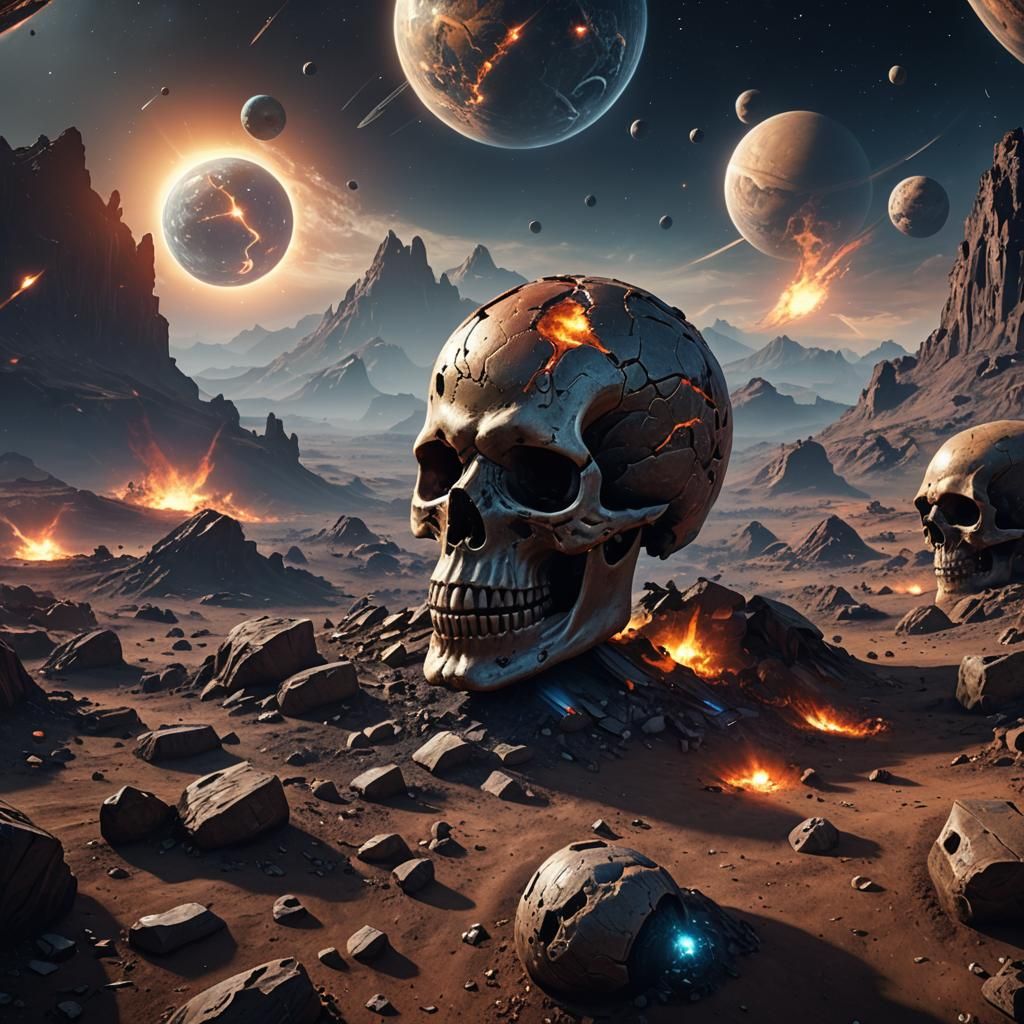 Skull, Comet, and Planet in 3D Cinematic Style