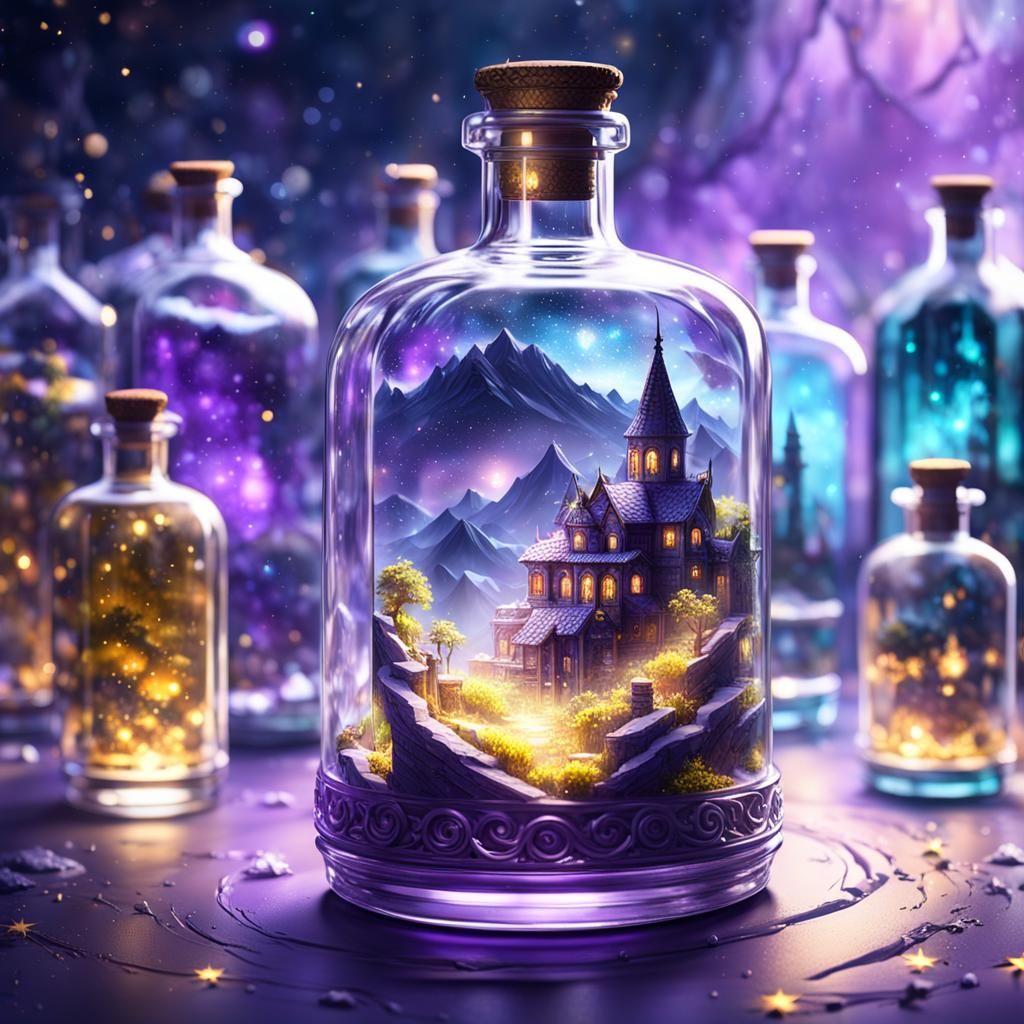 Miniature World in Glass Bottle, Dark Fantasy Art