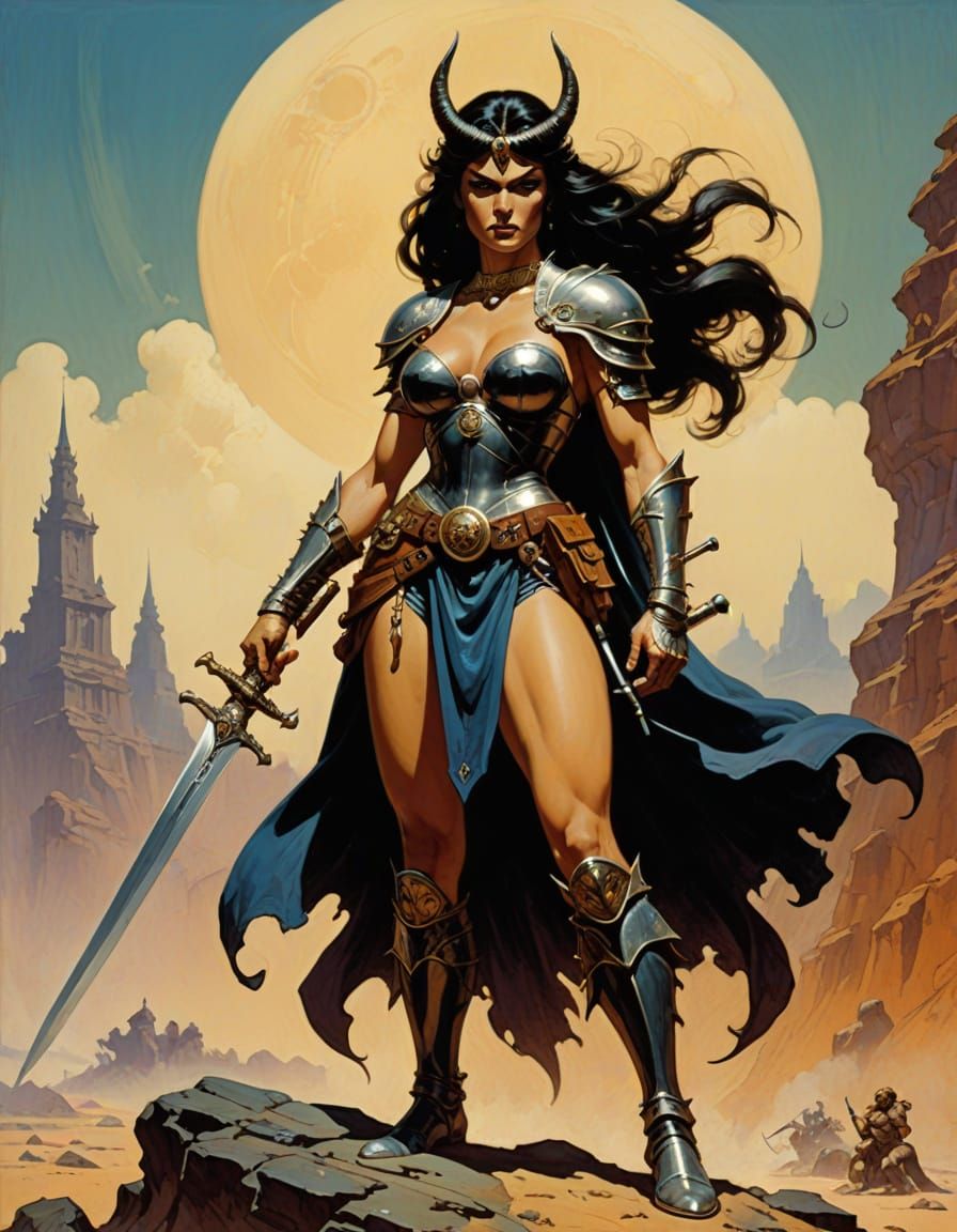 Surreal Warrior Woman Wields Curved Sword in a Fantasy Lands...