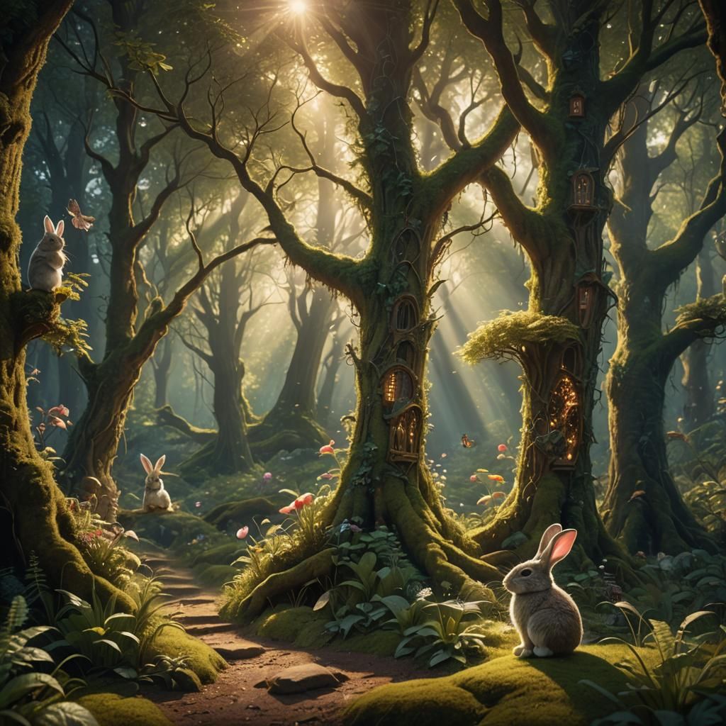 Sunlit Fairy Forest with Bunny: Digital Matte Painting