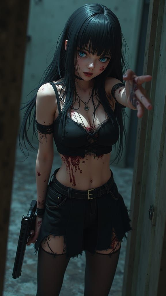 Terrified Anime Woman in Doorway with Gun