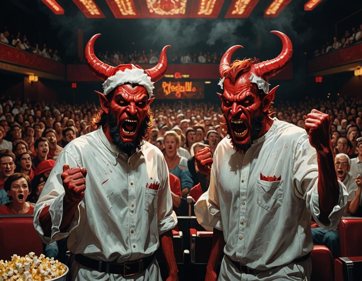 Cartoon Devils Throwing Popcorn in Movie Theater