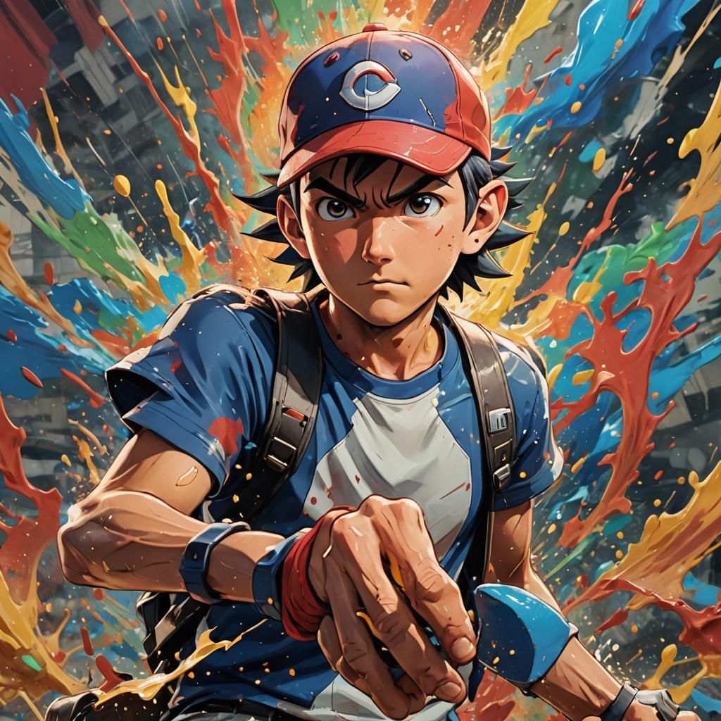 Hyperrealistic Ash Ketchum Splash Art Portrait