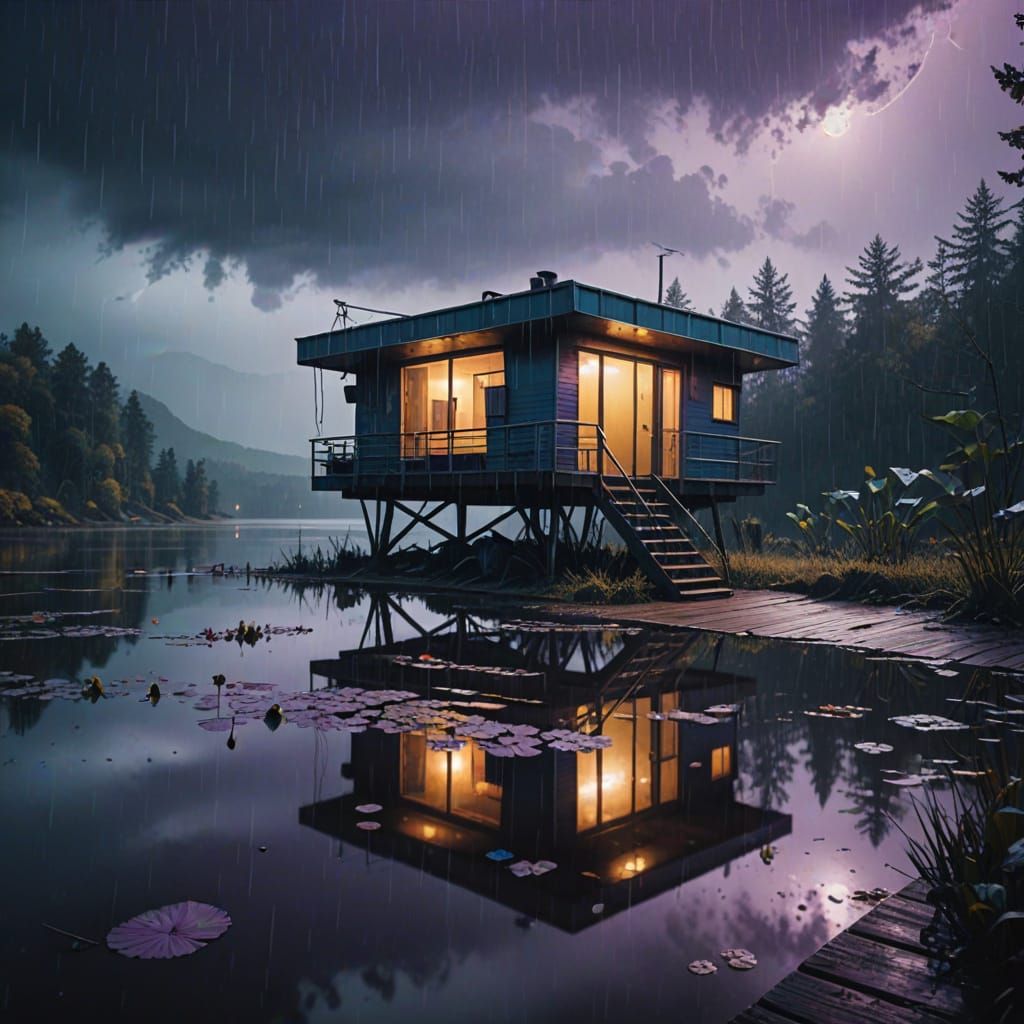 Cinematic Solitude: A Futuristic Retreat Amidst the Storm