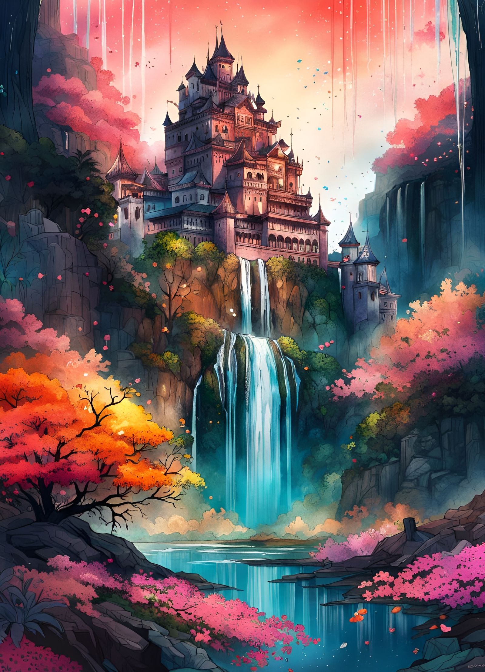 Floral Waterfall Palace in Anime Style