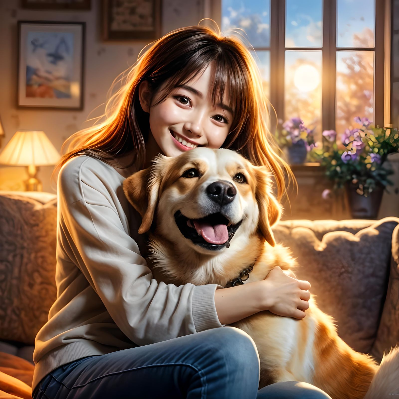 Woman and Dog's Joyful Embrace in Anime Style