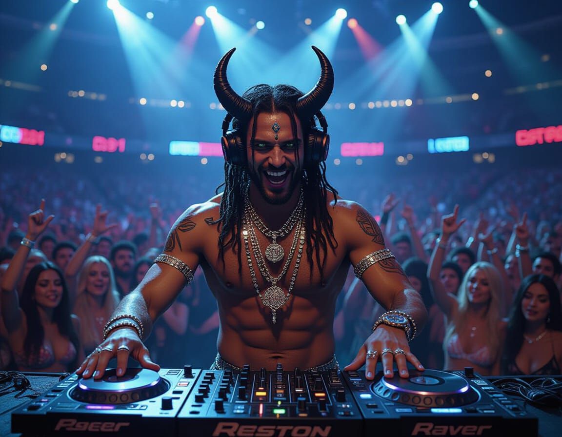 Demon DJ Commands Superdome Arena: Cinematic Film Still