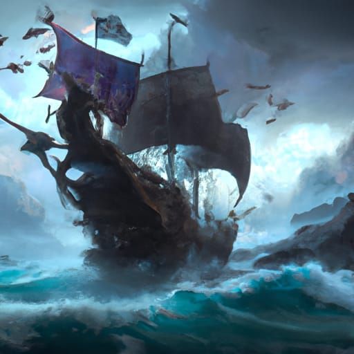 Fantasy Pirate Ship on the Ocean: Detailed Matte Painting