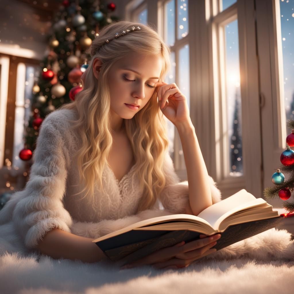 Blonde Girl Reading at Christmas: Digital Matte Painting