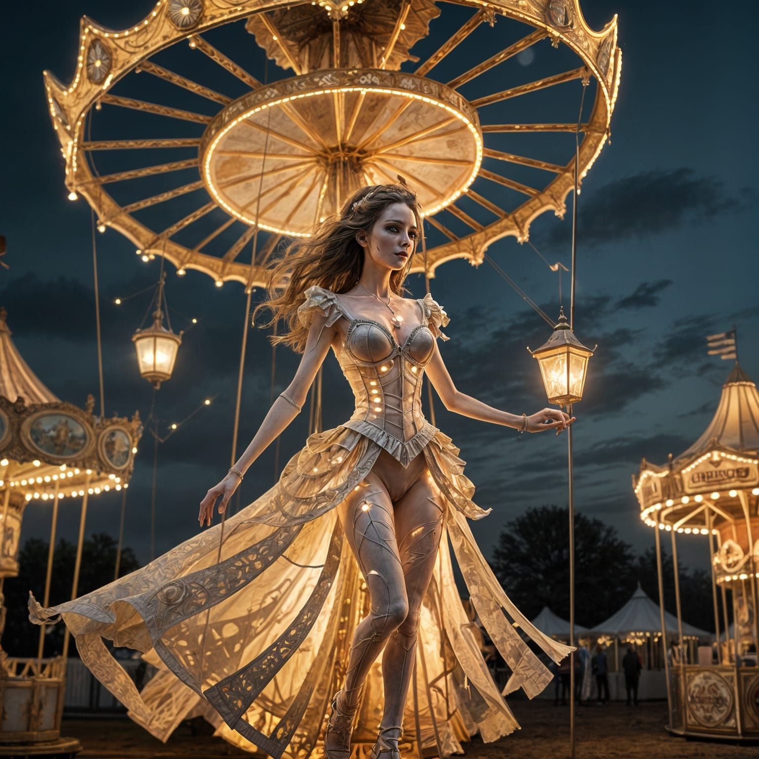 Spectral Woman in Moonlit Fairground, Paper Art Style